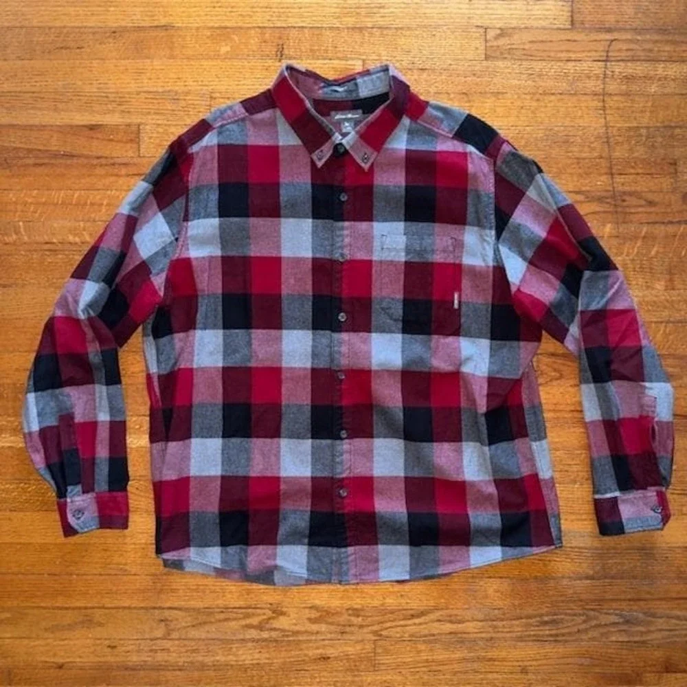 Eddie Bauer Mens‎ 2XL Classic Fit Flannel Shirt Plaid Button Up Red Gray